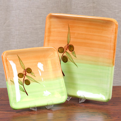 ROM-698-2,3-OLV - Hand Painted Plate Set of 2 - Square